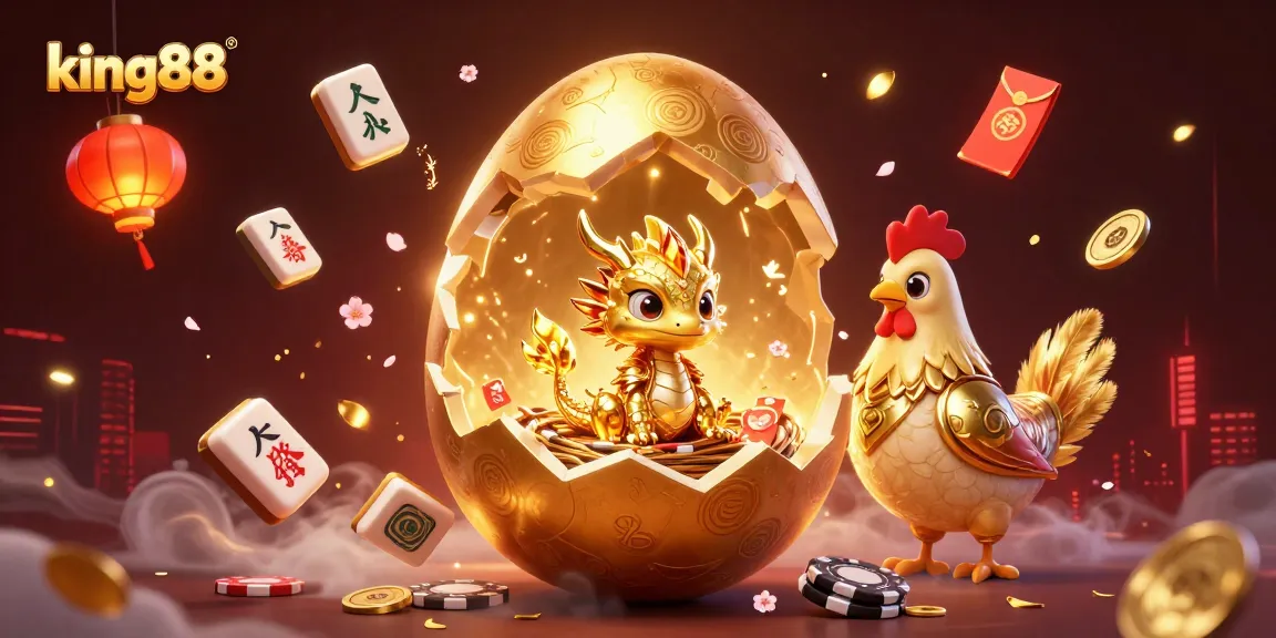 Engage in thrilling gameplay with king88's vibrant 3D illustration showcasing golden dragon and poker chips.