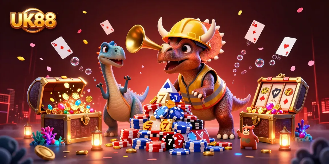 Experience the thrill of UK88 gaming with a triceratops building poker chip pyramids amid floating slots and vibrant treasures.