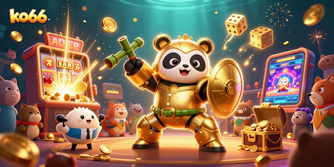 Experience the excitement of ko66 with a golden panda piloting a robot in a dynamic casino scene.