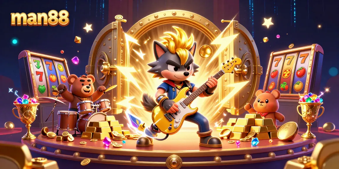 Experience thrilling wins at man88 with cartoon rock star wolf and vibrant slot reels.