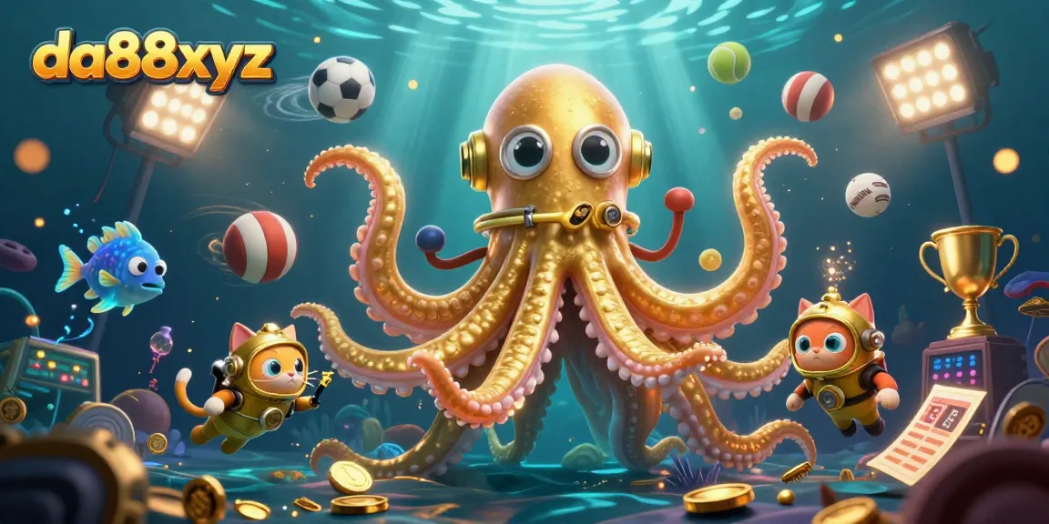 Win big with da88xyz in an exciting underwater casino scene featuring a kraken, diving cat, and glowing elements.