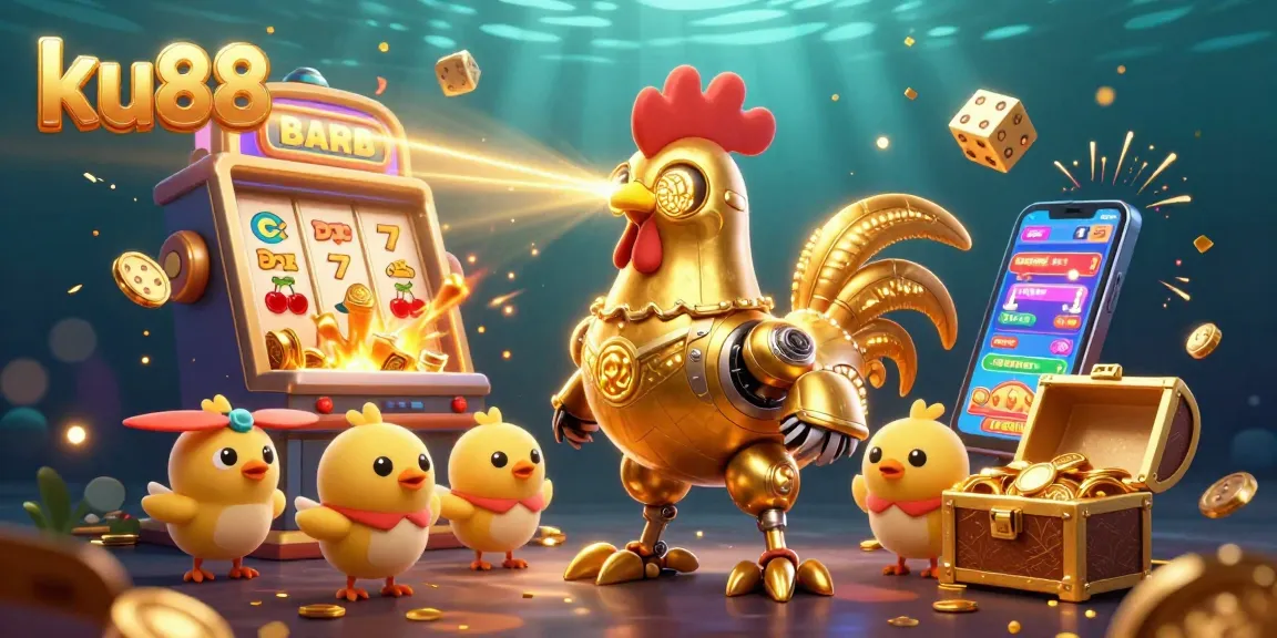 ku88 showcases a vibrant casino scene with a golden rooster robot and explosive slot machine elements.