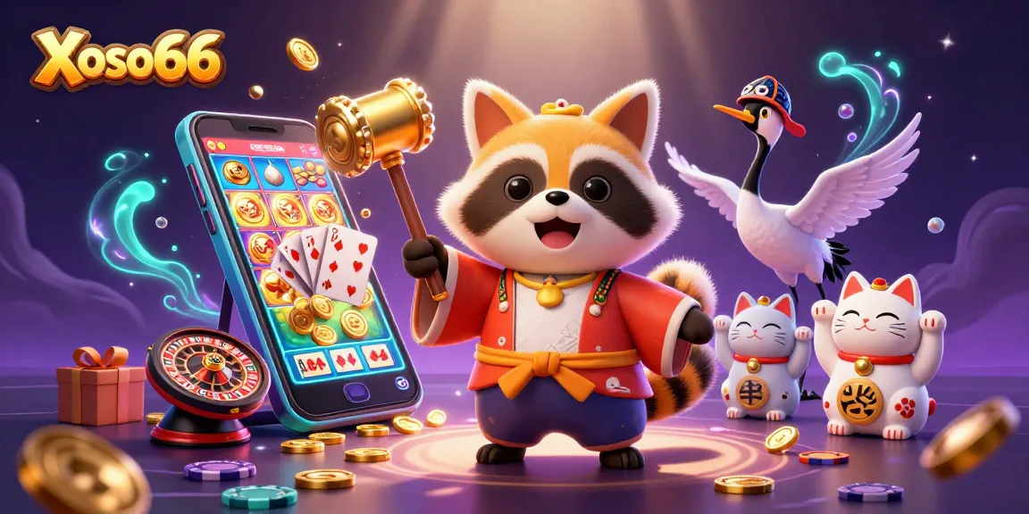 Xoso66 players winning big with exciting games in a vibrant casino illustration featuring a cheerful tanuki and lucky symbols.