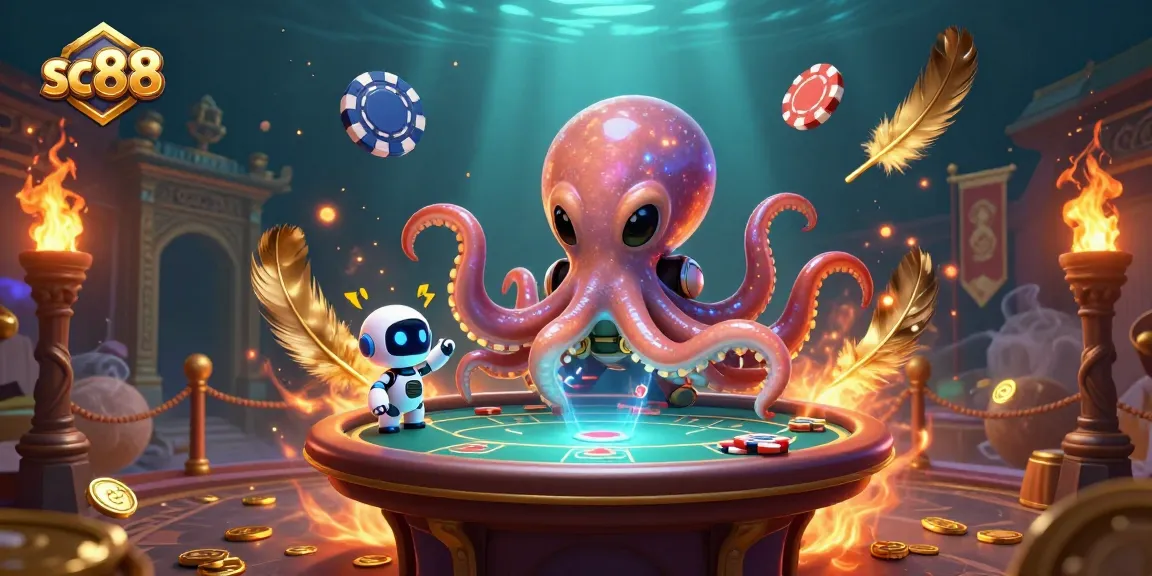 Experience thrilling gaming at sc88 with a vibrant alien octopus operating a poker table.