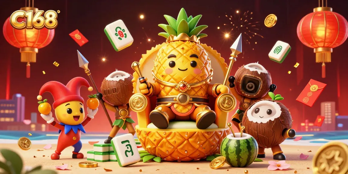 C168 celebrates thrilling gameplay featuring a golden pineapple king and lively casino elements.