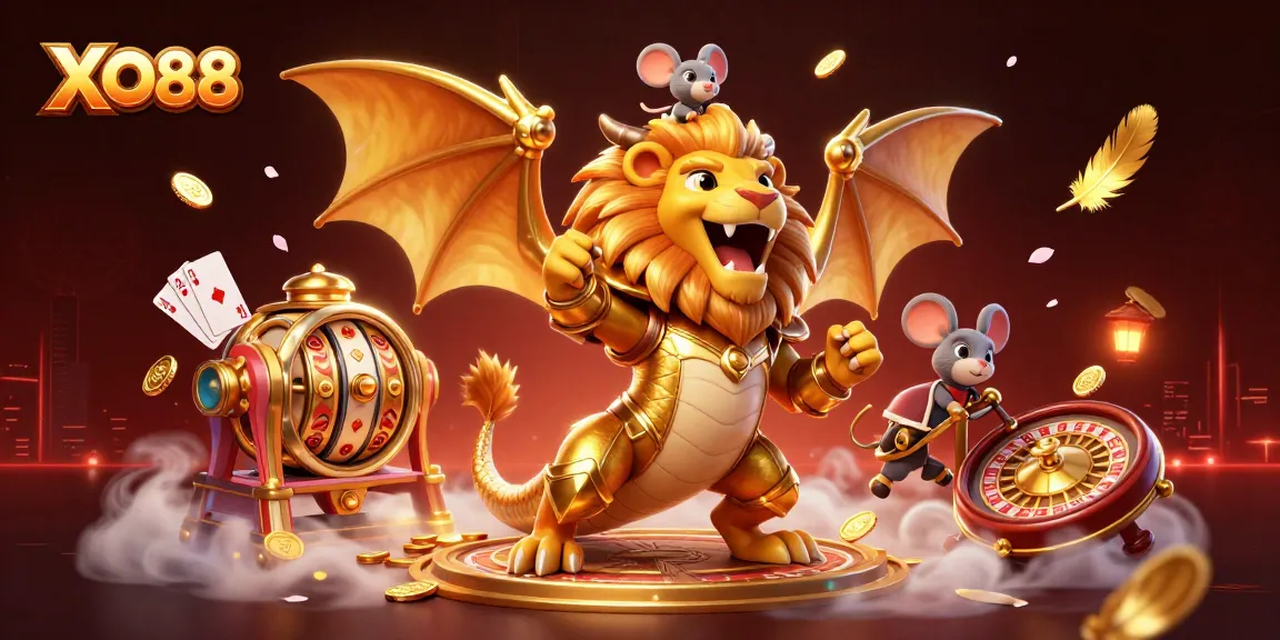 Experience the excitement of XO88 as the golden chimera and jockey celebrate the thrill of jackpots.