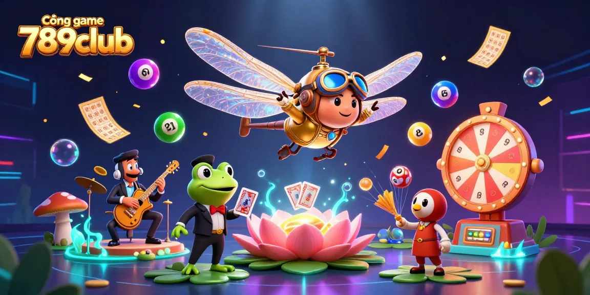Cổng game 789club showcases a lively casino scene with a dragonfly pilot and frog croupier, celebrating winning moments.
