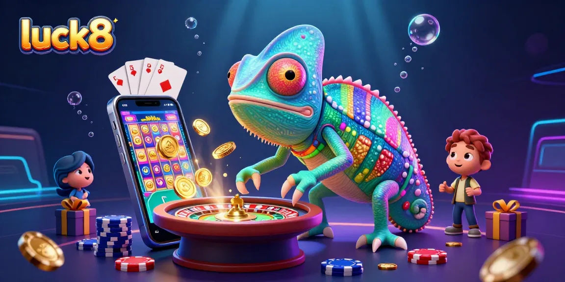 Engage with luck8's vibrant gaming world featuring the dynamic chameleon casino owner and explosive game elements.