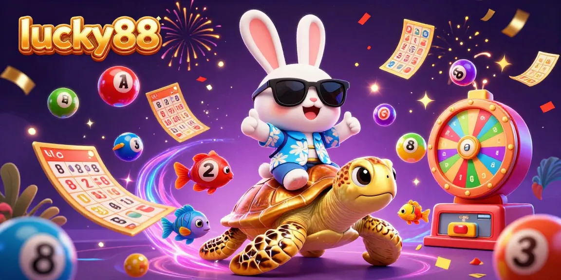 Join the lucky88 adventure with a vibrant illustration of a lucky rabbit and sea turtle in a dynamic casino scene.