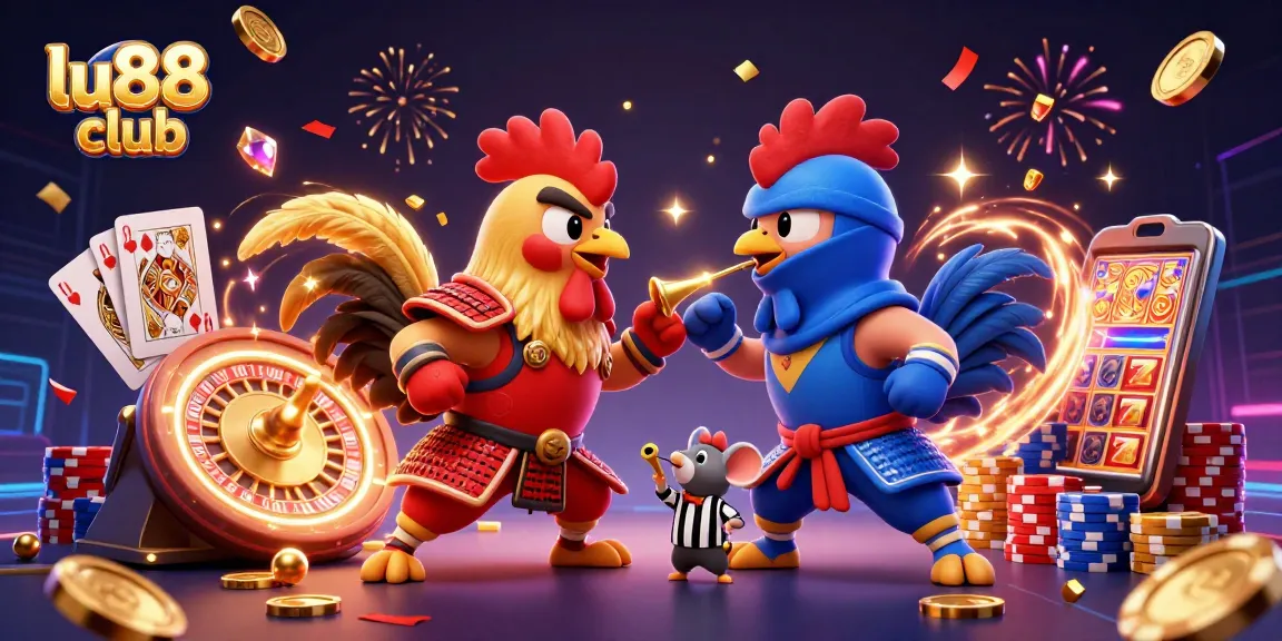 Experience thrilling action at lu88 club with cartoon roosters battling under sparkling casino lights.