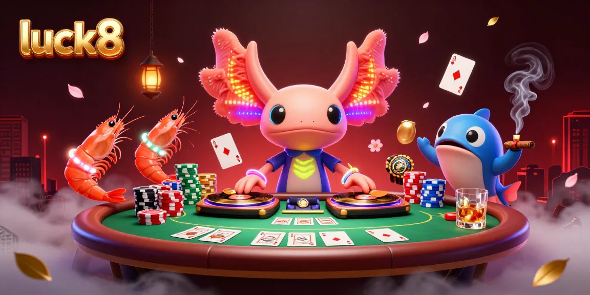 Experience luck8's vibrant casino atmosphere with a neon axolotl DJ and energetic sea creatures.