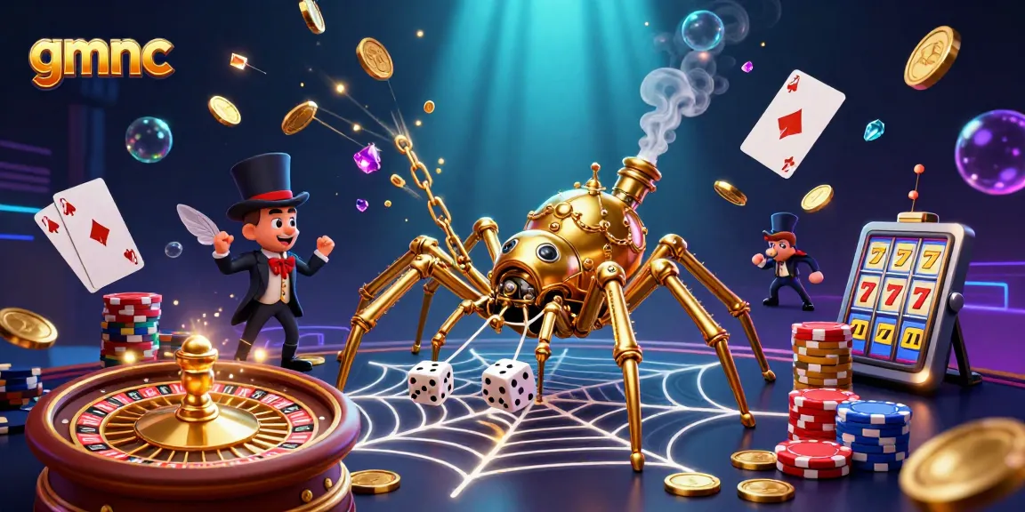 Catch the excitement of gmnc gaming with a steampunk spider in a vibrant, dynamic casino scene.