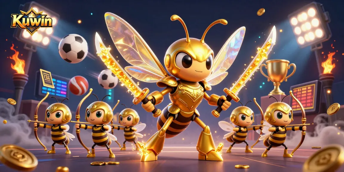 Kuwin showcases a dynamic 3D scene with a golden hornet and bee archers amidst sports elements.