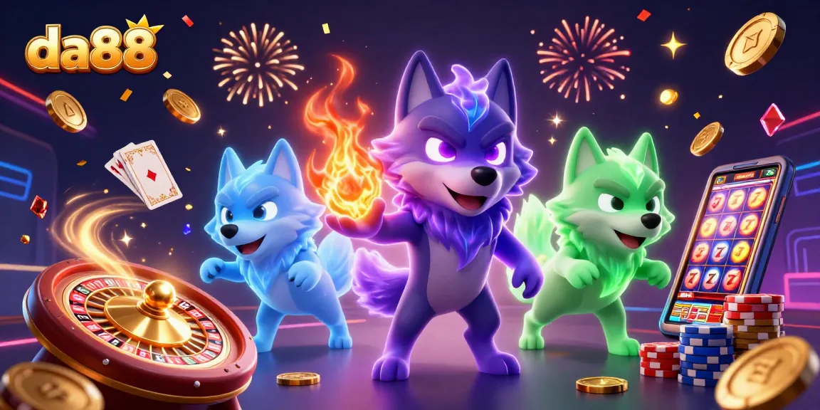 Spin the reels for winning action at da88 with vibrant casino graphics and ghostly wolf companions.