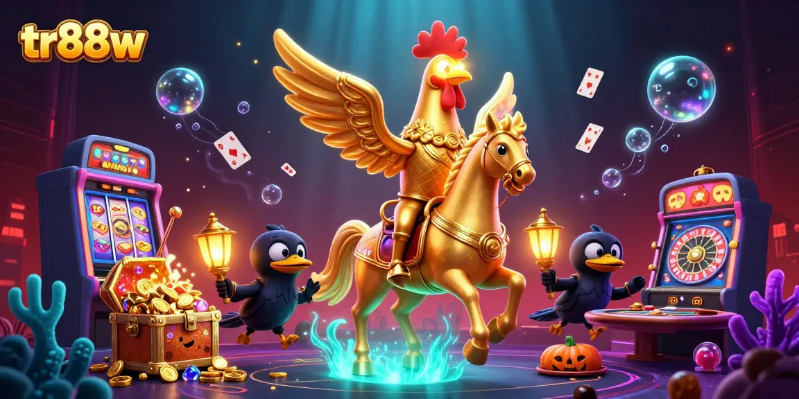 tr88w showcases a vibrant casino scene featuring a golden rooster riding a spectral horse surrounded by treasures and gaming elements.