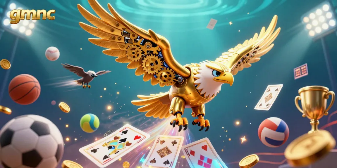 Catch the gmnc buzz in this vivid scene, showcasing a cybernetic eagle soaring through dynamic gaming action.
