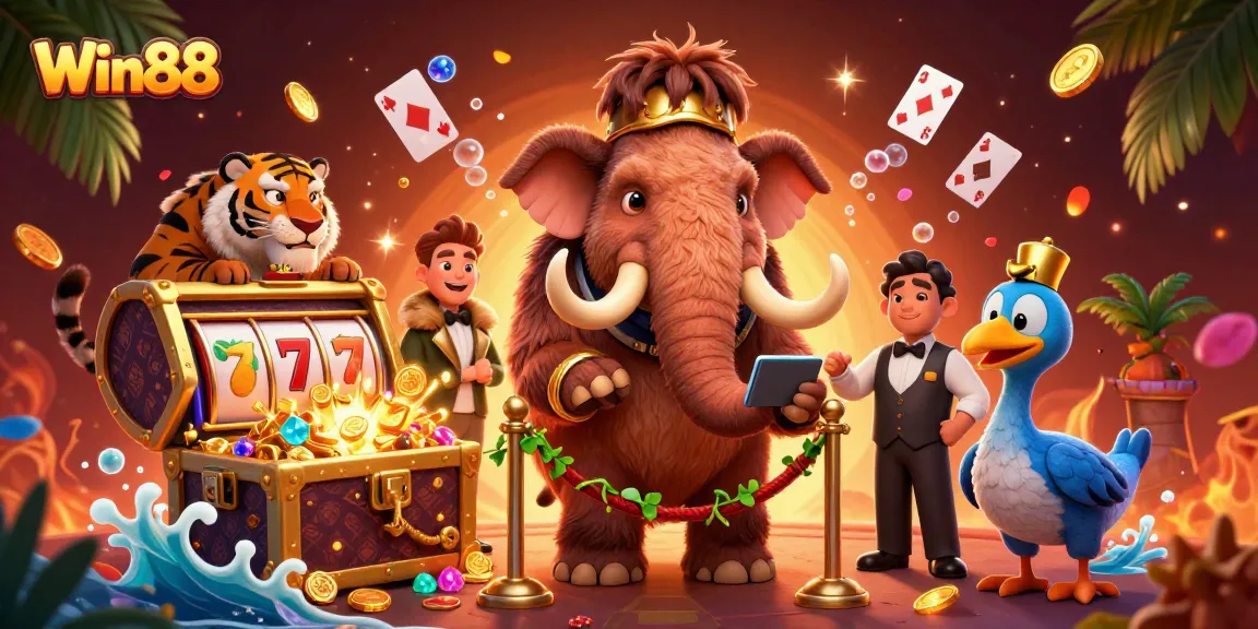 Experience thrilling action at Win88, where a woolly mammoth bouncer curates a dynamic casino scene.