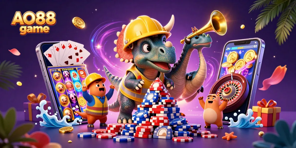Engage with AO88 game as a triceratops and friends celebrate with poker chips and gaming elements in a vibrant casino scene.