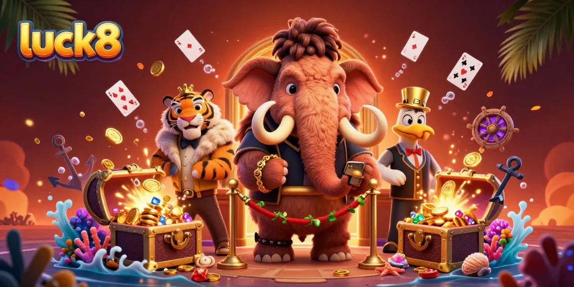 Experience the excitement of luck8 with a vibrant 3D illustration of a casino bouncer and VIP guest in a dynamic scene.