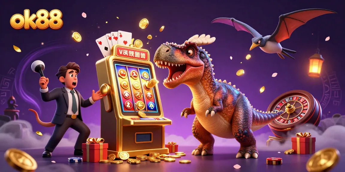 ok88's playful pachycephalosaurus interacts with a golden slot machine, showcasing casino excitement.