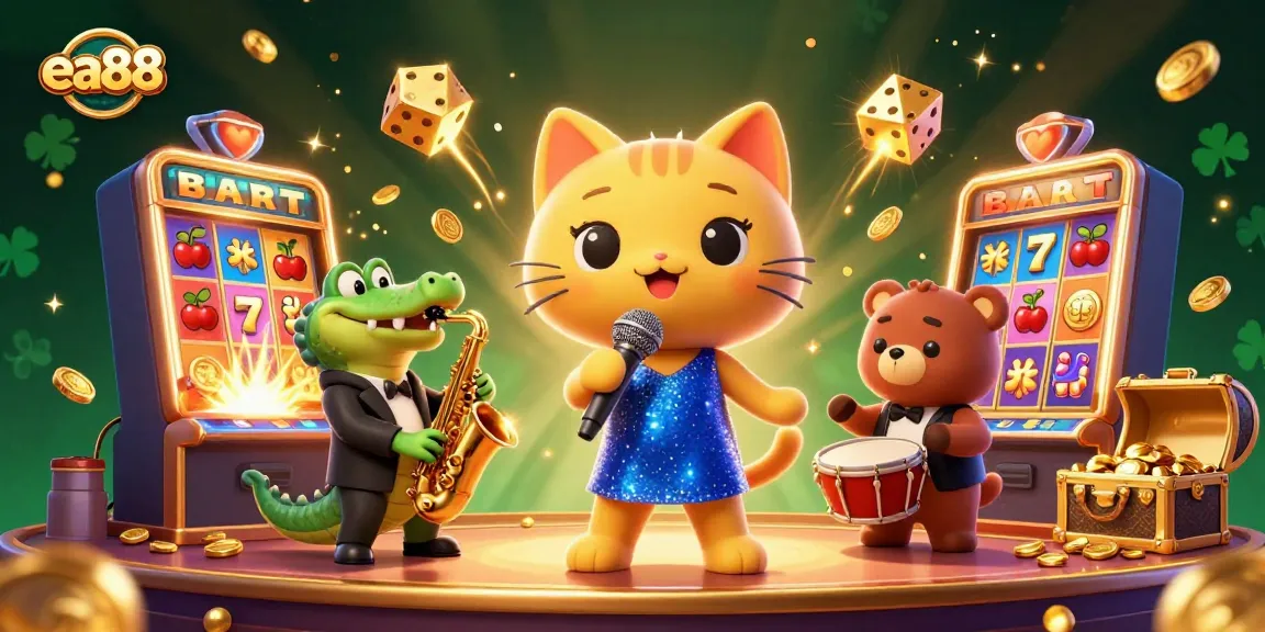 ea88 players enjoy winning with vibrant casino games and character-filled illustration.