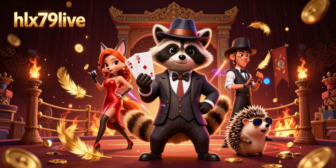 Engage in thrilling action at hlx79live with a raccoon and fox characters amid a vibrant casino backdrop.