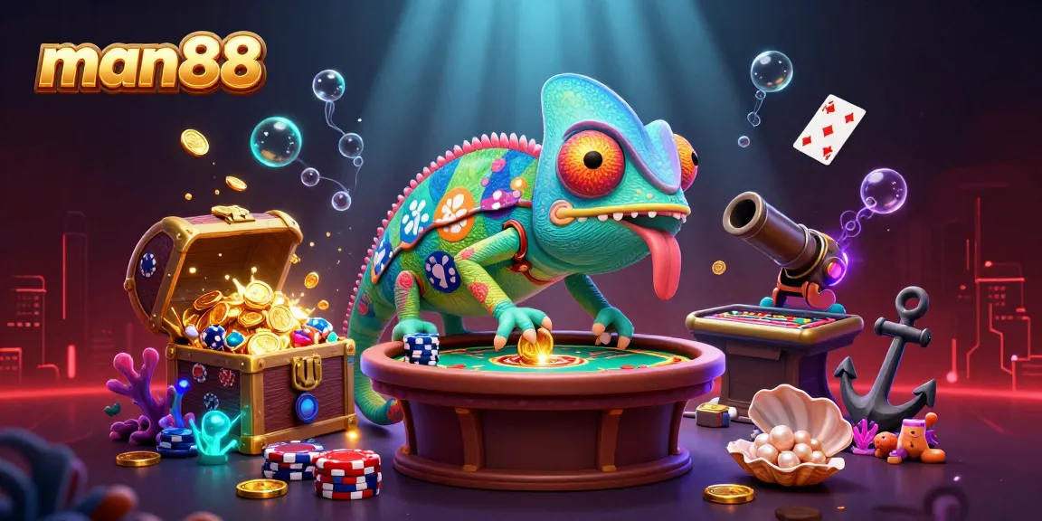 Engaging scene illustrating man88 casino with a vibrant chameleon owner and dynamic gaming elements.