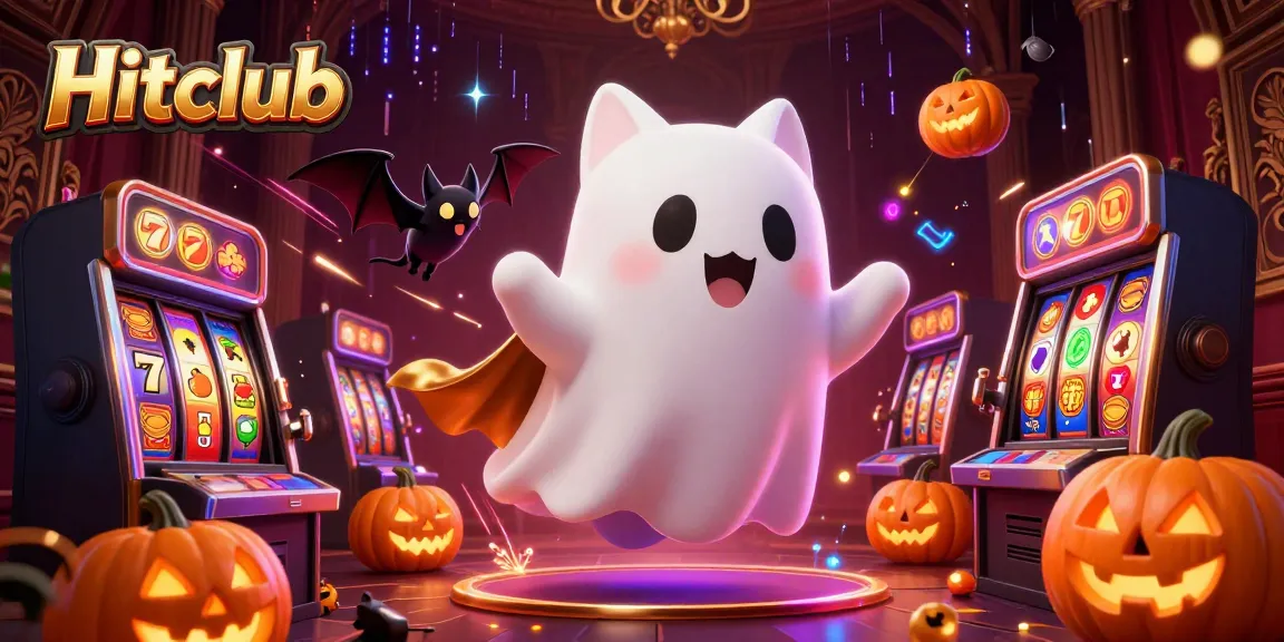 Hitclub features a ghost cat and bat in a haunted casino, surrounded by glowing jackpots and vibrant slot elements.