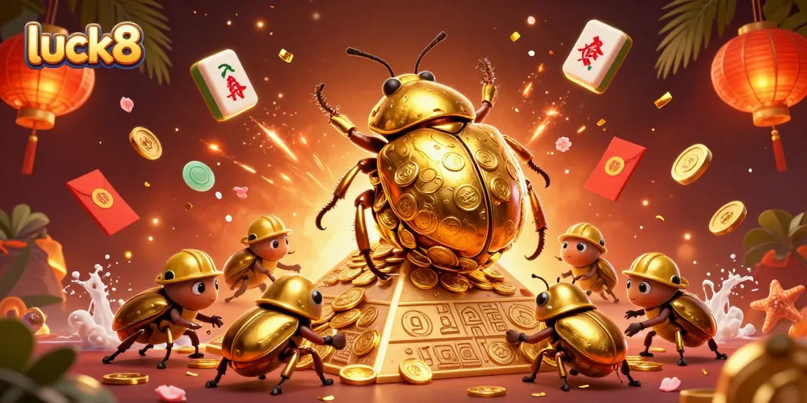 Join the thrill at luck8 with a vibrant scene of golden beetles rolling coins amid a dazzling casino.
