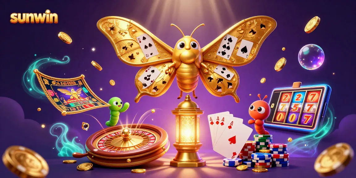 Experience the excitement of sunwin with golden gaming elements and a majestic atlas moth illustration.