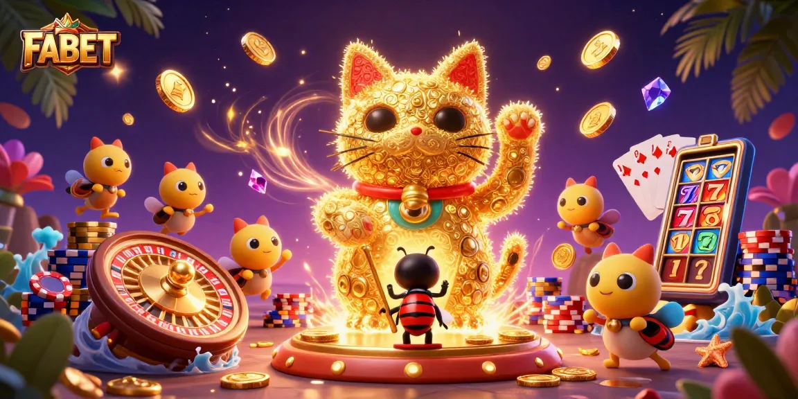 Experience the magic of FABET with golden fireflies forming a lucky cat amidst casino symbols.