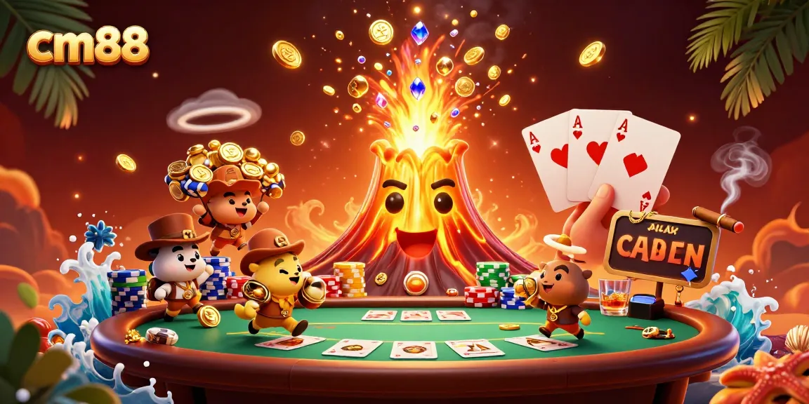 Experience the thrill of cm88's casino world with vibrant gaming elements and a triumphant volcano.