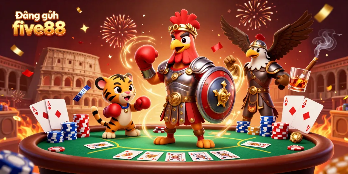 Engage in thrilling gameplay with Đăng ký five88, featuring a dynamic 3D cartoon illustration of colorful casino elements.