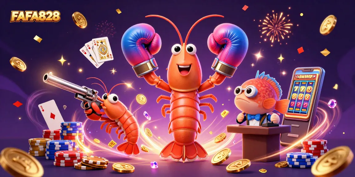 Experience the excitement of FAFA828 with vibrant casino characters amidst golden coins and poker chips.