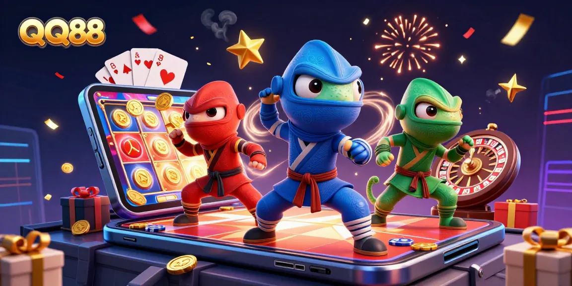 Engage with QQ88 in an action-packed 3D gambling scene showcasing vibrant slot games.