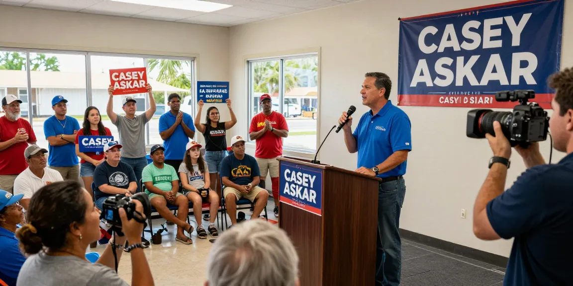 Casey Askar speaking at a campaign event with community engagement in Florida.