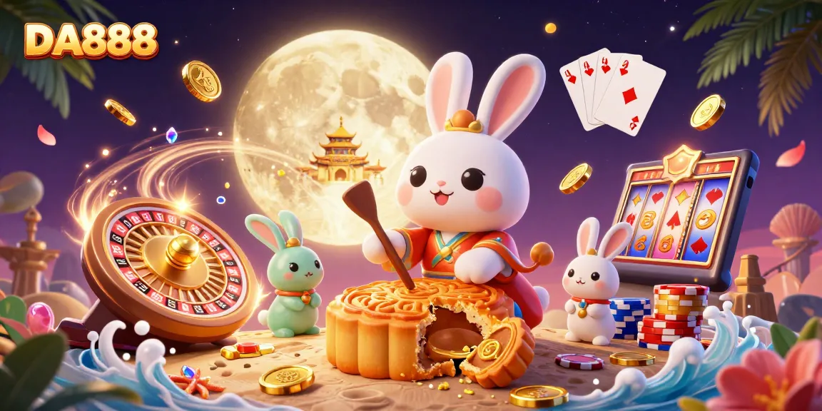 DA888 captivates players with vibrant 3D moon rabbit pounding mooncakes revealing poker chips in a casino scene.