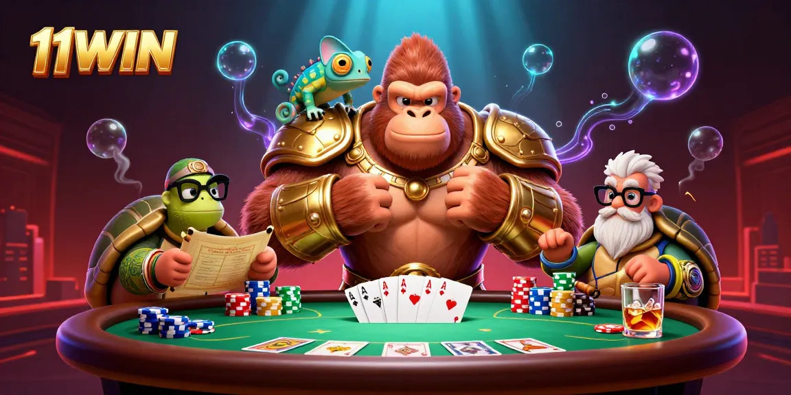 Engage in thrilling gameplay at 11WIN with a dynamic scene featuring powerful characters and poker elements.