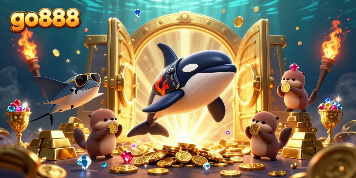 Engage in the excitement of go888 with a dynamic underwater casino scene featuring playful characters and treasures.