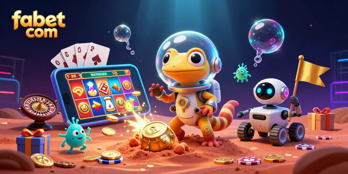 Experience the excitement of fabet com with a vibrant alien gambling scene featuring a Martian gecko and casino treasures.