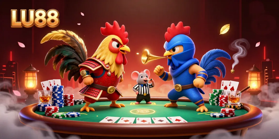 Engage with LU88 in a dynamic poker showdown featuring roosters and a mouse referee.