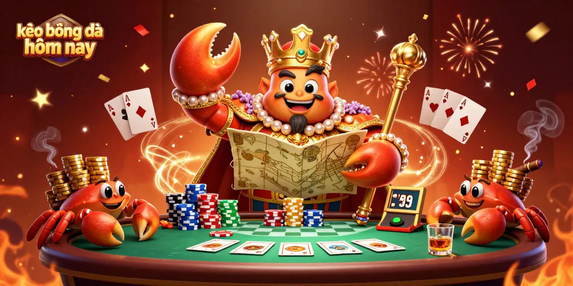 Engage with kèo bóng đá hôm nay as a golden crab emperor leads the scene with poker chips and cards.