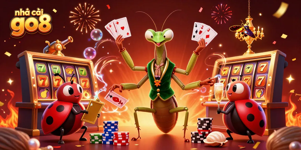Engage with nhà cái go8 at a vibrant 3D casino scene featuring colorful slot games, dynamic card deals, and festive celebrations.