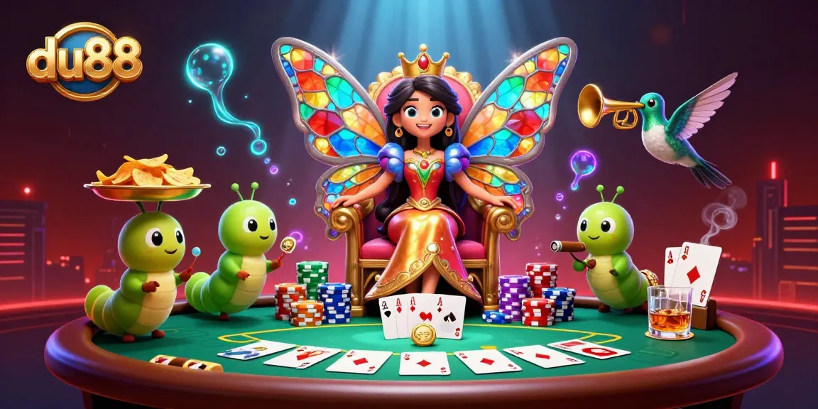 Win big with du88 at a vibrant poker scene featuring a butterfly queen and colorful chips.
