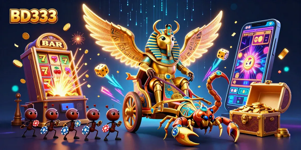 Spin and win with BD333's vibrant casino scene featuring a golden scarab and slot machines.