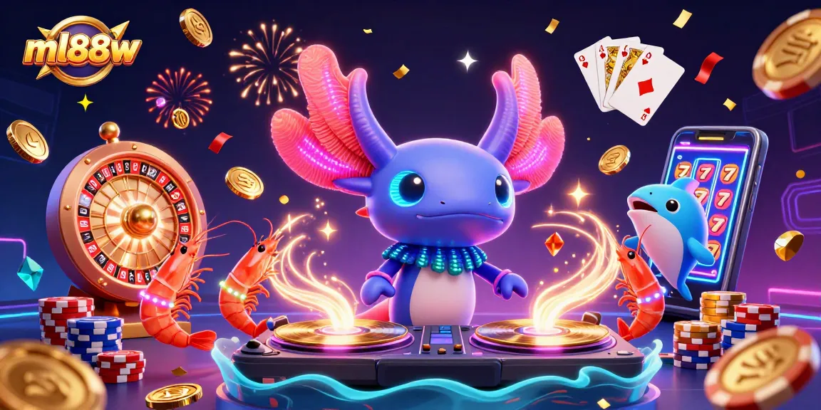 Experience thrilling gaming at ml88w with a vibrant axolotl DJ and engaging casino elements.