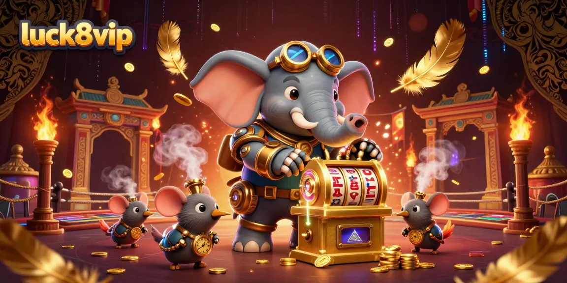 Engage with luck8vip's vibrant online gaming experience featuring a steampunk engineer and slot machine.
