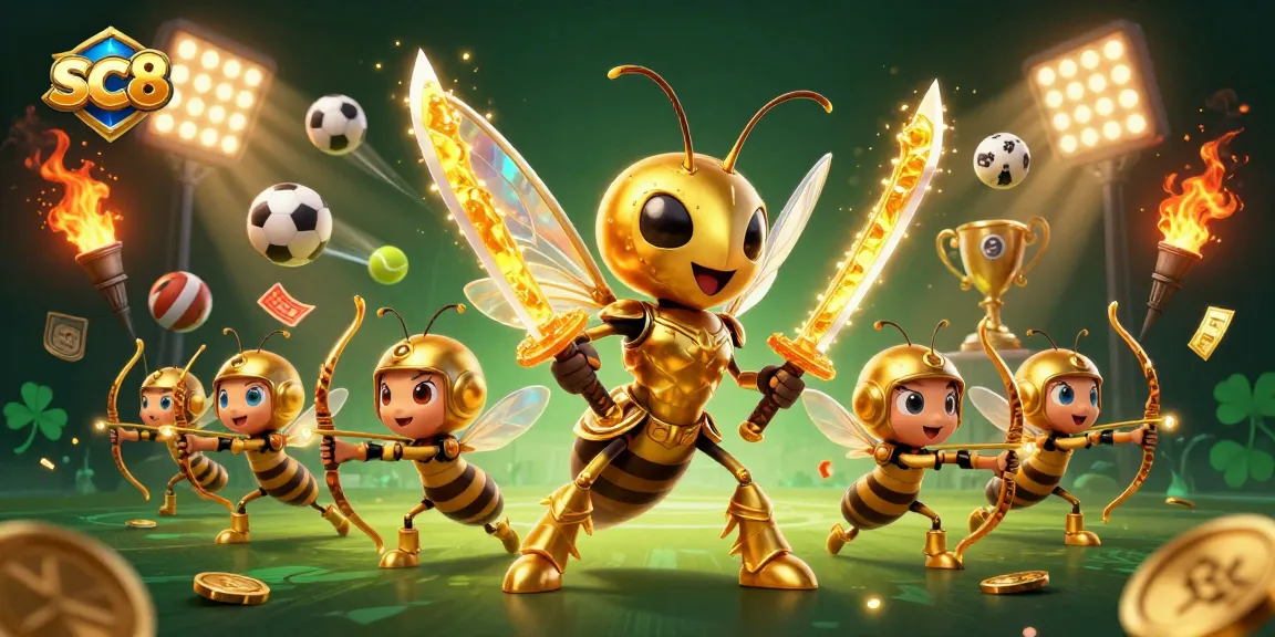 Bet on sc88 with a vibrant 3D illustration of an epic casino-themed battle featuring golden hornets.