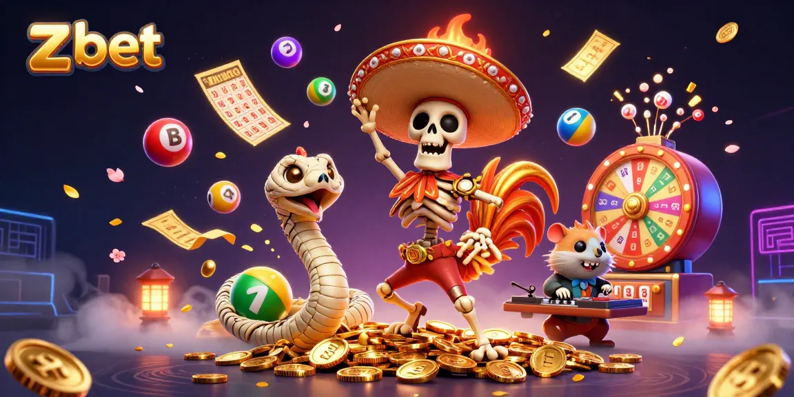 ZBET features a dynamic casino scene with a mariachi rooster dancing on gold while lottery balls bounce around, showcasing vibrant gaming action.
